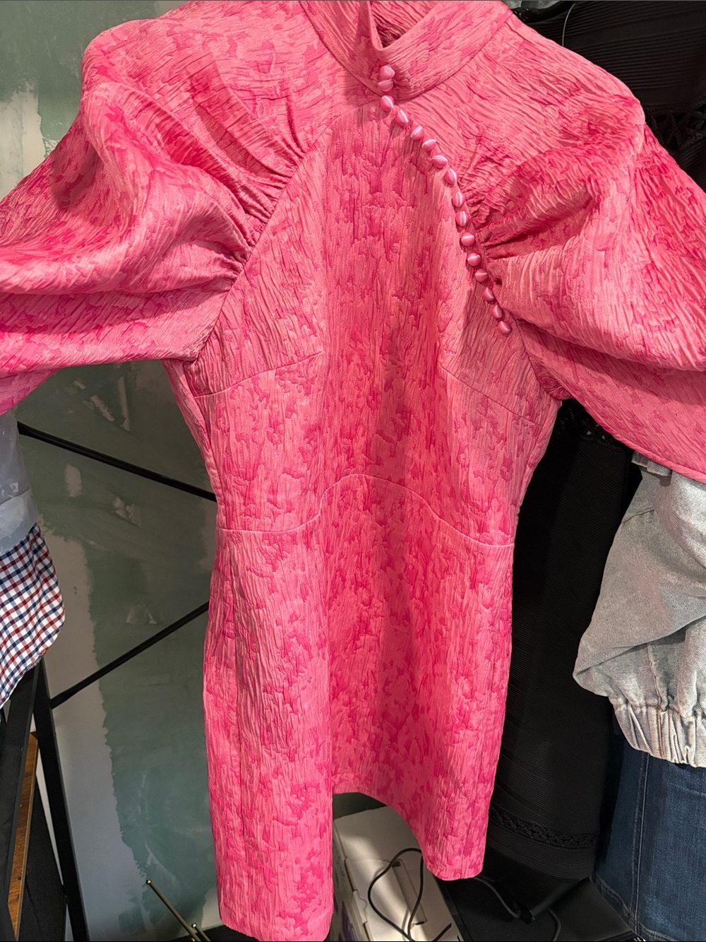 Women's Pink Puff-Sleeve Textured Dress